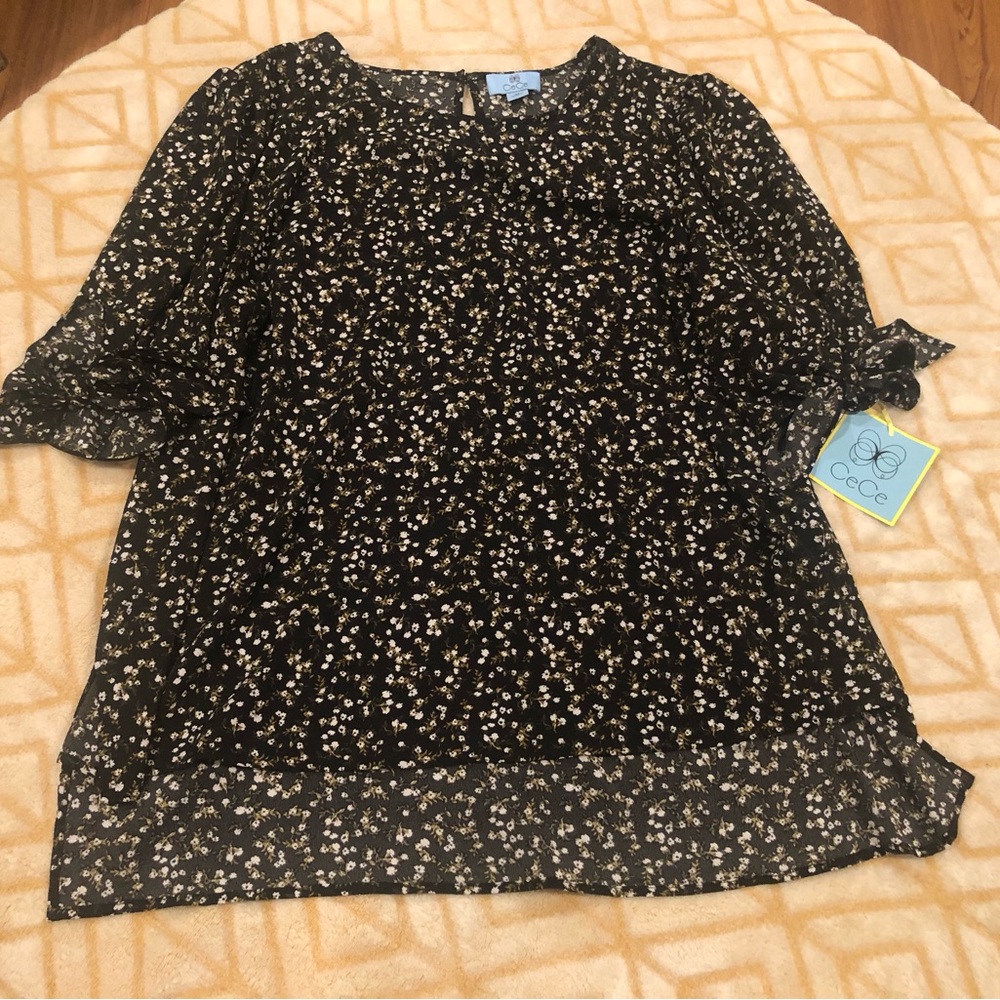 CeCe Black Floral Chiffon Blouse NWT Tie Sleeve Sheer Hem Top
